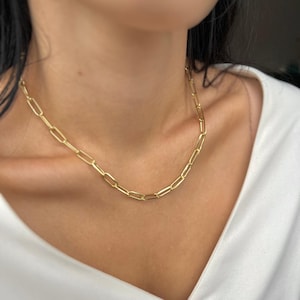 ゴールドペーパークリップチェーン、ゴールドフィルドペーパークリップネックレス、女性用ゴールドチェーンネックレス、ゴールド女性チェーン、チャンキーペーパークリップチェーン、彼女へのギフト