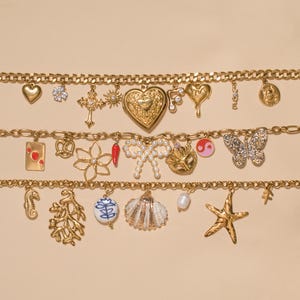K&ouml;nnte beinhalten: Drei goldfarbene Bettelarmb&auml;nder mit einer Vielzahl von Anh&auml;ngern, darunter ein Herzmedaillon, ein Kreuz, eine mit Perlen besetzte Schleife, ein Schmetterling, eine Muschel, ein Seestern, ein Seepferdchen, eine Spielkarte und eine Chilischote.