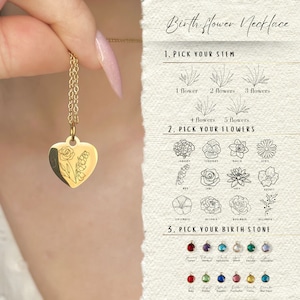 18k Gold combined Birth flowers heart pendant Birthstone Jewelry Family Birth Flower Bouquet Necklace, birthday gift for her, grandma gift