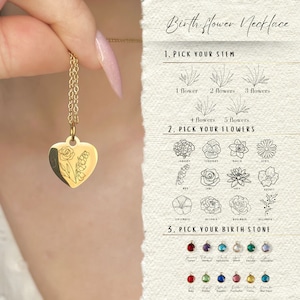 18k Gold kombiniert Geburtsblumen Herz Anhänger Birthstone Schmuck Familie Geburt Blumenstrauß Halskette, Geburtstagsgeschenk für sie, Oma Geschenk