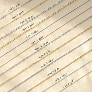 May include: Six different styles of chain necklaces in silver and gold. Each chain is displayed on a white background with the style and metal color labeled below.