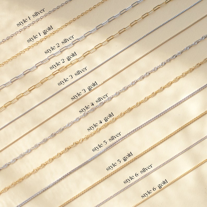 May include: Six different styles of chain necklaces in silver and gold. Each chain is displayed on a white background with the style and metal color labeled below.