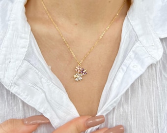 14k gold flower Necklace, Sunflower jewelry, crystal daisy Pendant, gold handmade necklace, daisy necklace, gift for her