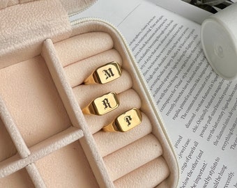 Initial Signet Ring, Gold Statement ring, monogram engraved ring, letter ring, personalised signet ring, custom ring gift for her