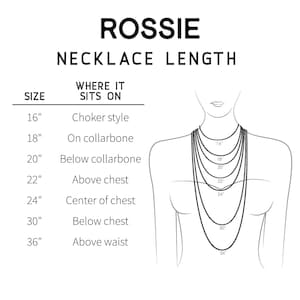 K&ouml;nnte beinhalten: Eine schwarz-wei&szlig;e Infografik mit dem Titel ROSSIE NECKLACE LENGTH, die verschiedene Kettenl&auml;ngen von 16 bis 36 Zoll zeigt. Sie enth&auml;lt eine Tabelle, die Gr&ouml;&szlig;en K&ouml;rperpositionen zuordnet, sowie eine Strichzeichnung eines Oberk&ouml;rpers.