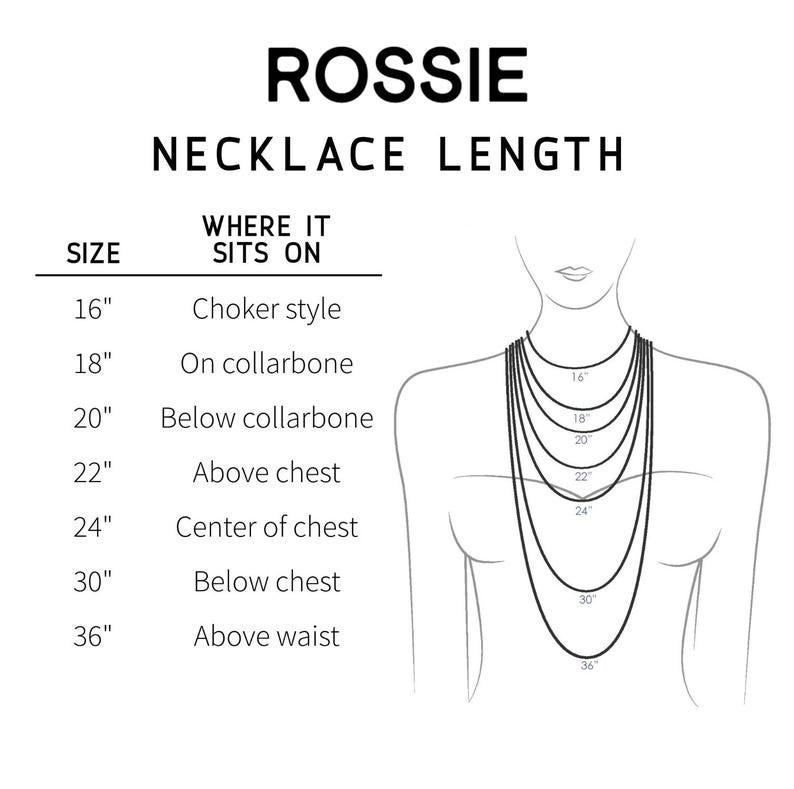 K&ouml;nnte beinhalten: Eine schwarz-wei&szlig;e Infografik mit dem Titel ROSSIE NECKLACE LENGTH, die verschiedene Kettenl&auml;ngen von 16 bis 36 Zoll zeigt. Sie enth&auml;lt eine Tabelle, die Gr&ouml;&szlig;en K&ouml;rperpositionen zuordnet, sowie eine Strichzeichnung eines Oberk&ouml;rpers.