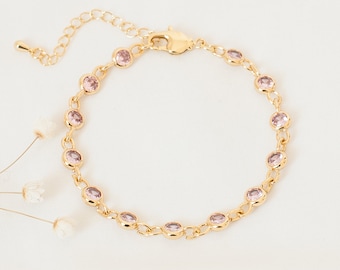 14k goud gevulde kristallen armband, roze kristallen armband, sierlijke kettingarmband, roze bedelarmband, handgemaakte armband, cadeau voor haar