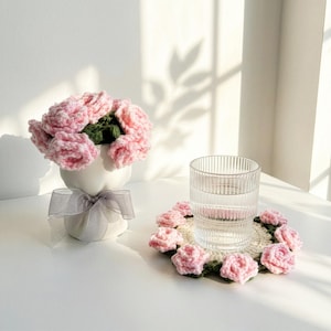 Crochet Flower Coaster Set with 3D Print Vase | Foldable Floral Bouquet