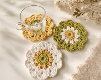 Handmade Crochet Flower Coasters, Cottagecore Daisy Mug Rugs, Boho Table Decor