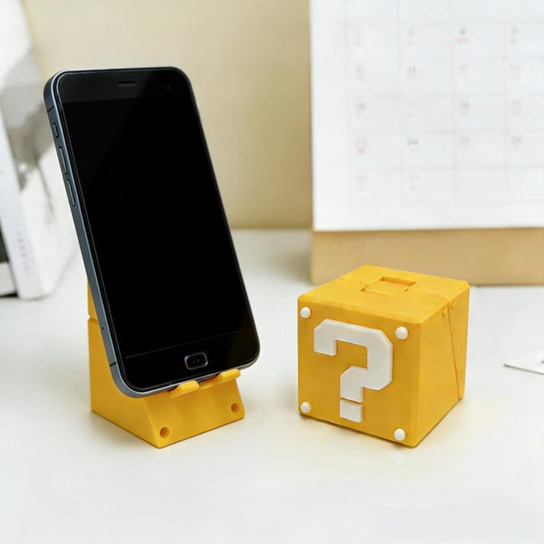 Quick Question Stand Mario Question Block Phone Stand, Foldable 3D Printed Retro Gaming Desk ...