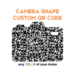 May include: A custom QR code in the shape of a camera, with black and white pixels forming the code. The text "CAMERA SHAPE CUSTOM QR CODE" is above the camera shape, and "Any COLOR of your choice" is below.