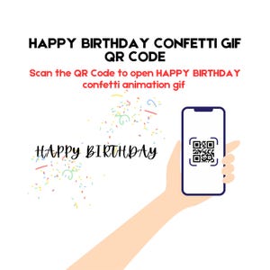 Könnte beinhalten: Ein Smartphone mit einem QR-Code auf dem Bildschirm. Das Telefon wird von einer Hand gehalten, um die es herum Konfetti fällt. Der Text "HAPPY BIRTHDAY" ist in roten Buchstaben auf dem Bild geschrieben.