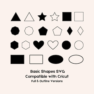 Può includere: Una collezione di forme geometriche di base, nere e contornate, tra cui triangoli, stelle, quadrati, ottagoni, pentagoni, diamanti, cuori, cerchi, rettangoli e ovali. Il testo "Basic Shapes SVG Compatible with Cricut" è visualizzato sotto.