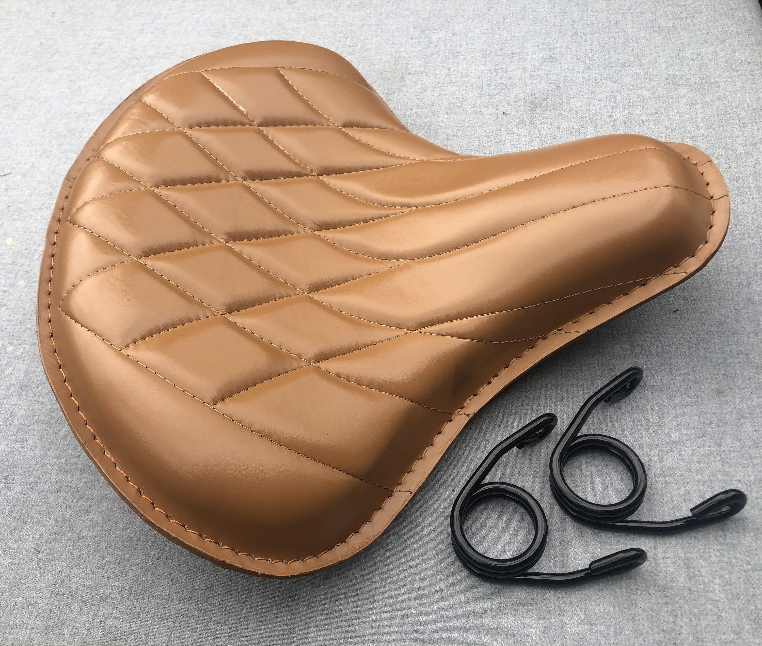 Harley Tractor Style Solo Seat Genuine Tan Leather Honda Bobber