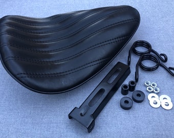 Thin High Back Seat Genuine Leather Harley Yamaha Chopper Bobber Honda Triumph Universal Solo Seat Tuk & Roll with mounting kit and springs.