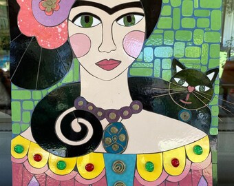 Wall Hanging Mosaic Art Work - Frida Kalho - Handmade Mosaic Wall Art - Ceramic Tile and Stones