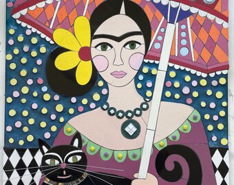 Wall Hanging Mosaic Art Work - Frida Kalho with Umbrella - Handmade Mosaic Wall Art - Ceramic Tile and Stones