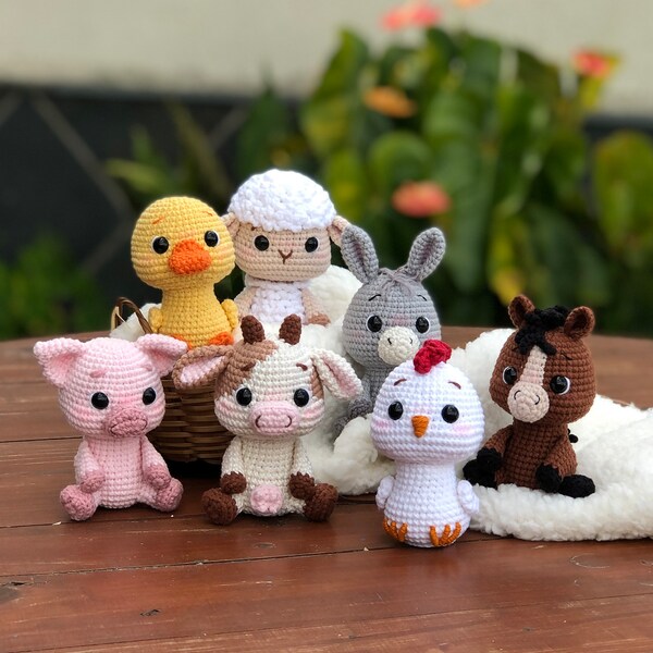 Crochet Pattern Bundle 7in1 Adorable Little Farm Animals - Donkey Foal, Chick, Lamb, Duckling, Piglet, Little Cow, ENGLISH, Instant Download