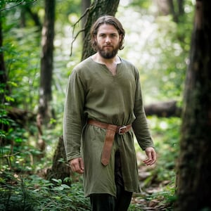 Middeleeuwse mannen linnen tuniek, lang Viking-shirt, LARP Knight-cosplaykostuum, Renaissance Ranger-kleding, Fell and Fair Keltische Viking-outfit