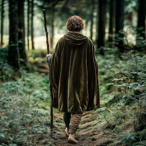 Bosgroen fluwelen capuchonmantel voor hobbit of elvendruïde, middeleeuwse cape met capuchon, LARP-fantasy uniseks kostuum, LOTR-cosplayoutfit voor volwassenen