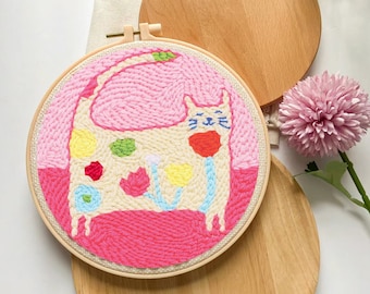 Beginner Punch Needle Kit, Cat & Floral Design (Video Tutorials)