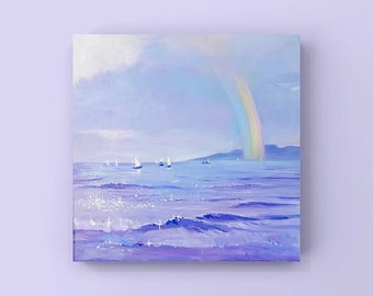 May include: A painting of a seascape with a rainbow in the sky and sailboats on the water. The water is a light purple color and the sky is a light blue color.