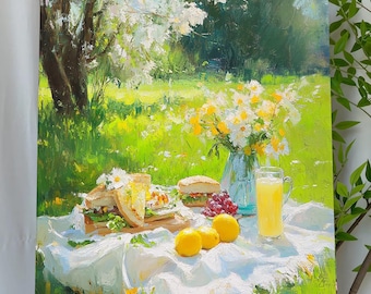 Kit de pintura por números de picnic de verano verde para adultos, pintura por número, arte de pared con alimentos, kit de pintura acrílica fácil para principiantes (36/48 colores)