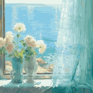 May include: A window with a view of the ocean, a sheer blue curtain, and a bouquet of white flowers in two vases on a windowsill.