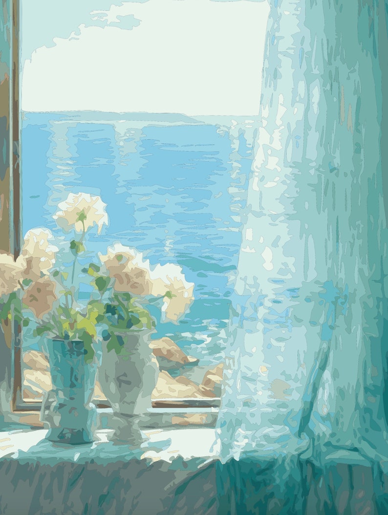 May include: A window with a view of the ocean, a sheer blue curtain, and a bouquet of white flowers in two vases on a windowsill.