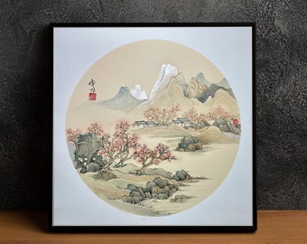 Pintura de paisaje chino pintada a mano, arte asiático con tinta y agua, decoración oriental (15x15)