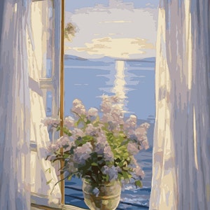 May include: A window with white curtains open to a view of a blue ocean with a bright sun reflecting on the water. A bouquet of purple flowers in a vase sits on the windowsill.