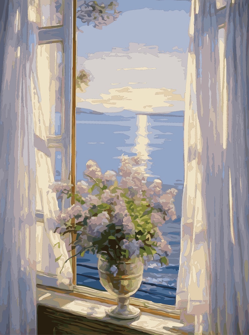 May include: A window with white curtains open to a view of a blue ocean with a bright sun reflecting on the water. A bouquet of purple flowers in a vase sits on the windowsill.