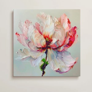 May include: Square canvas art depicting a large peony flower with a textured finish. The artwork uses a palette of soft pinks, whites, and deep reds, with a green stem. The painting has a thick, impasto style, creating a 3D effect.