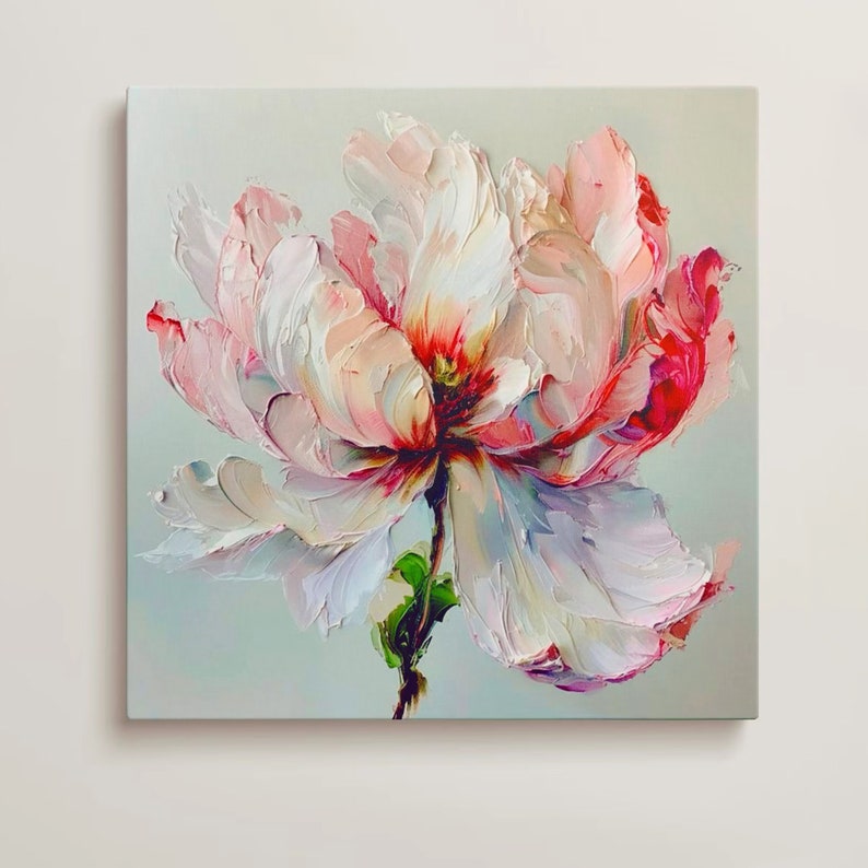 May include: Square canvas art depicting a large peony flower with a textured finish. The artwork uses a palette of soft pinks, whites, and deep reds, with a green stem. The painting has a thick, impasto style, creating a 3D effect.