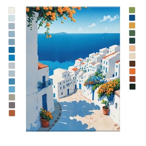 Dipingi con i numeri per adulti, paesaggio blu e bianco, kit di pittura fai-da-te mediterranea con i numeri, paesaggio di Santorini Grecia colora con i numeri