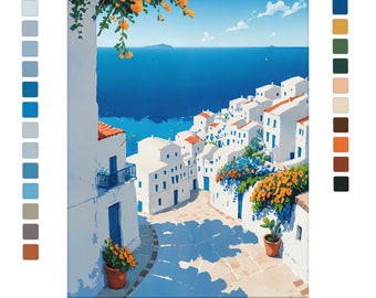 Paint By Numbers for Adults, Blue and White landscape, Mediterranean DIY Paint by number Kit, Santorini Greece Landscape Color by Numbers