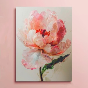 May include: A canvas print of a large peony flower, painted with a textured effect. The artwork uses shades of pink, peach, and red, with a green stem and leaf. The brushstrokes create a three-dimensional effect, giving the floral painting a realistic appearance.