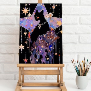 Black Cat Paint by Numbers, Fantasy Cat Paint by Number Kit for Adult, Color by Paint, Paint Party, DIY Wall Art , Acrylic Canvas Art