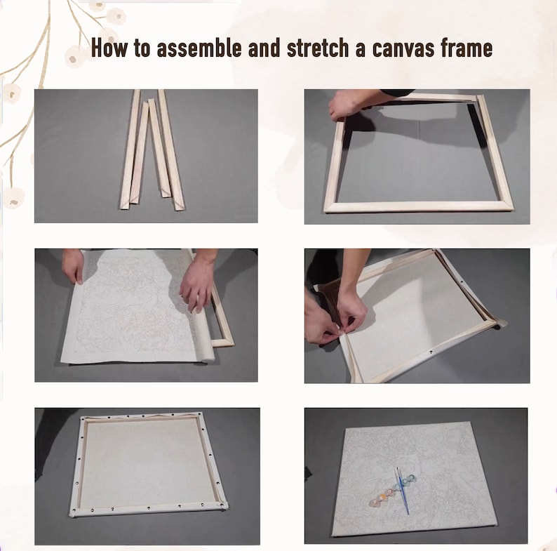 May include: A visual guide demonstrating how to assemble and stretch a canvas frame. The image shows the process, from wooden frame components to the completed canvas, with the text "How to assemble and stretch a canvas frame."