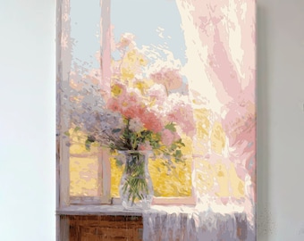 May include: A painting of a vase of pink and white flowers in front of a window with a sheer curtain blowing in the breeze.