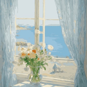 May include: A vase filled with white and yellow flowers sits on a wooden table in front of a window with a view of the ocean. The window is open and the curtains are drawn back.