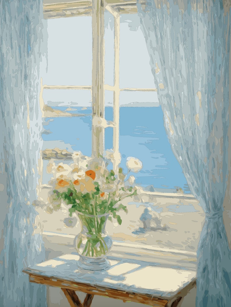 May include: A vase filled with white and yellow flowers sits on a wooden table in front of a window with a view of the ocean. The window is open and the curtains are drawn back.