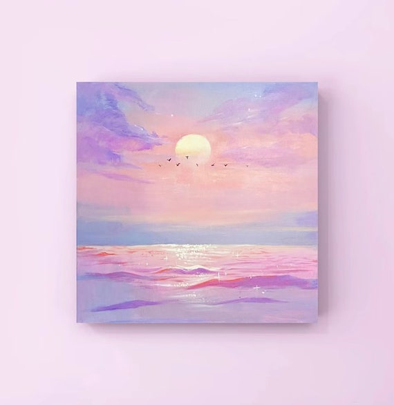 Colorful Sunset Paint by Numbers Simple Kit, DIY Landscape Painting on Canvas, Pink Color by Number
