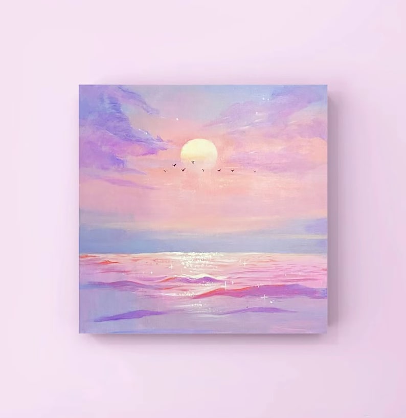 May include: A painting of a pink and purple sunset over a calm ocean. The sun is a bright yellow circle in the sky, and there are a few small birds flying in the distance.