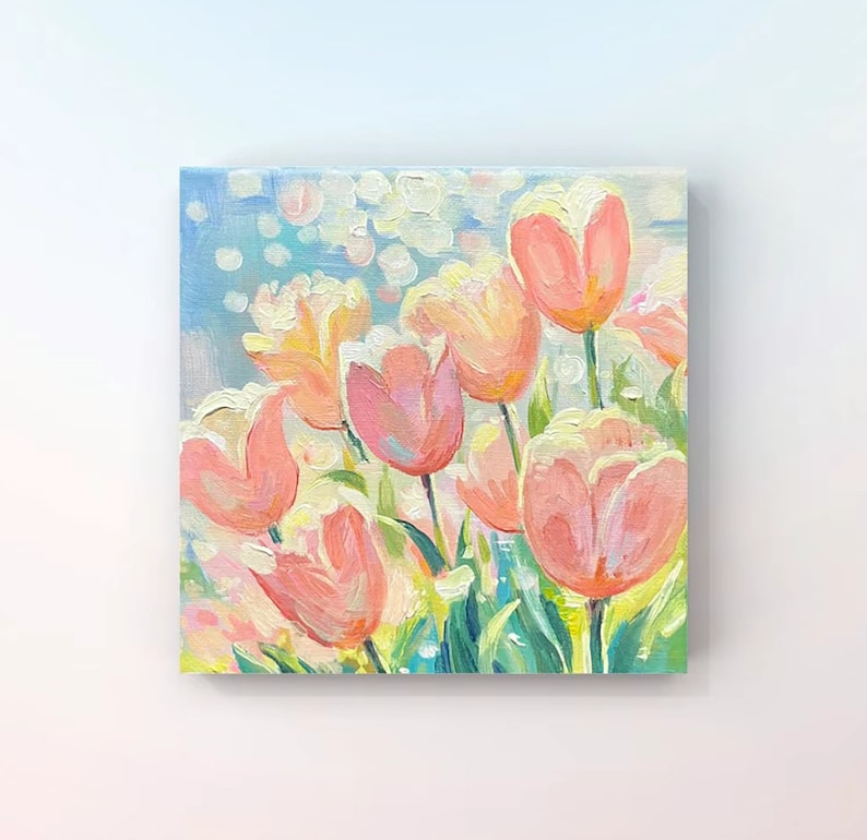 May include: A painting of a bouquet of pink and white tulips against a light blue background with white dots. The tulips are painted in a loose, impressionistic style.