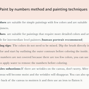 May include: Text on a light pink background provides instructions for paint by numbers, including advice for beginners and intermediate painters. It covers colour mixing and how to deal with wrinkles.