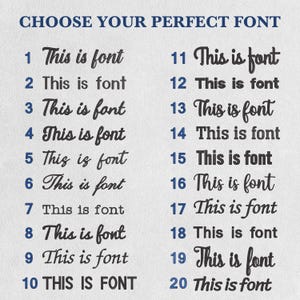 May include: A graphic with the text "CHOOSE YOUR PERFECT FONT" in blue. Below, twenty font samples are displayed, each labeled with a number and the phrase "This is font". The fonts vary in style, from cursive to bold.