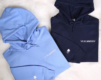 Personalized Date Sweatshirt With Inıtial On Sleeve, Custom Embroidered Roman Numeral Hoodie, Engagement Anniversary Valentines Day Gifts