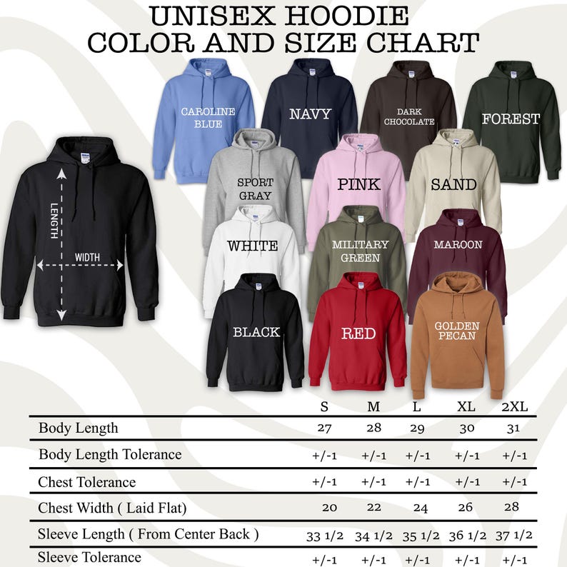 May include: A color and size chart for unisex hoodies. The image displays a black hoodie with measurement labels and examples of various hoodie colors, including black, red, and navy. The chart provides measurements for body length, chest width, and sleeve length.