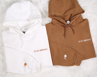 Custom Embroidered Roman Numeral Hoodie, Personalized Date Sweatshirt With Inıtial On Sleeve, Engagement Anniversary Valentines Day Gifts